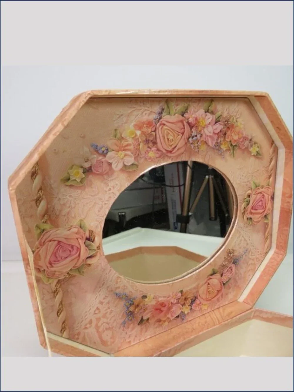 Vintage Truly Lace Pink Octagon Trinket Box Mirror Victorian Bow Gift Box